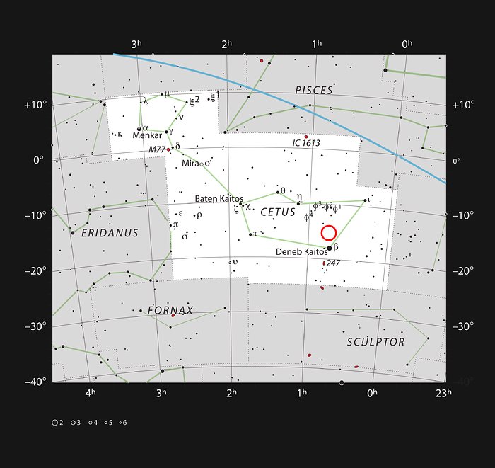 Location of the faint red star LHS 1140 in the constellation of