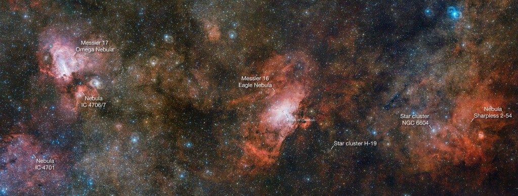 The VST captures three spectacular nebulae in one image (annotat
