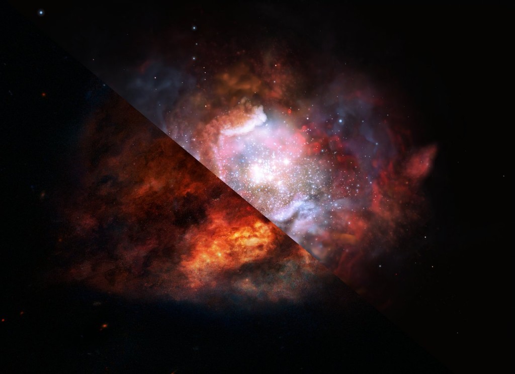 Artistâs impression of a dusty starburst galaxy