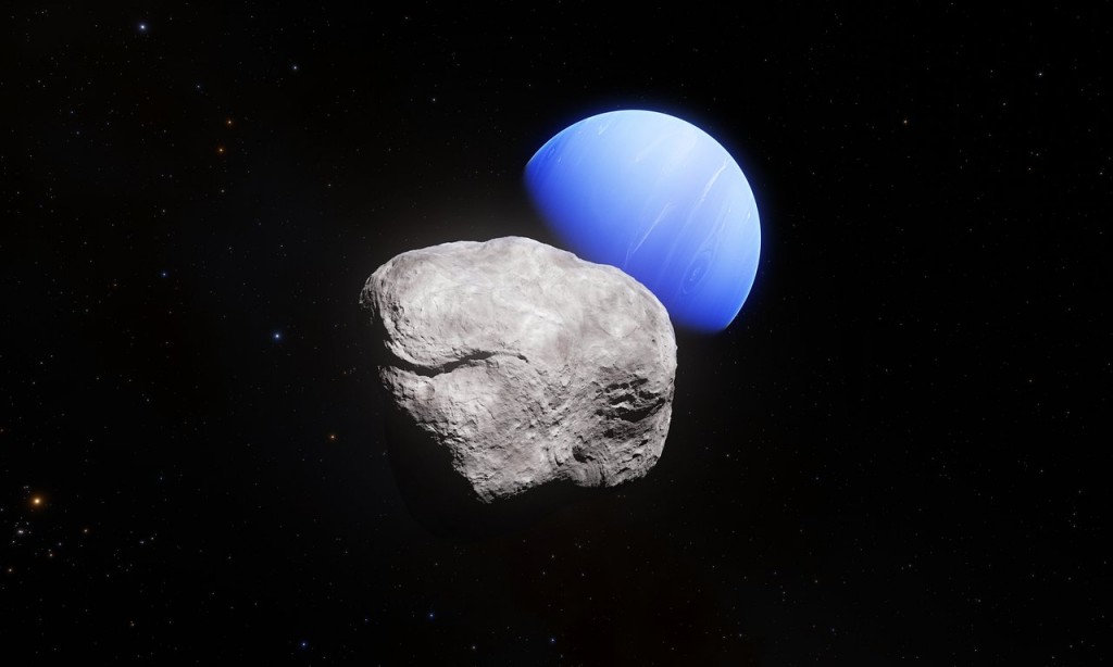 Neptune and its smallest moon Hippocamp (artistâs impression)