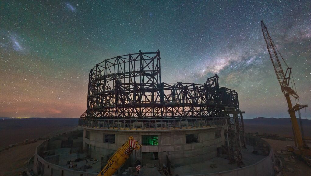Night view of the ELT under construction atop Cerro Armazones