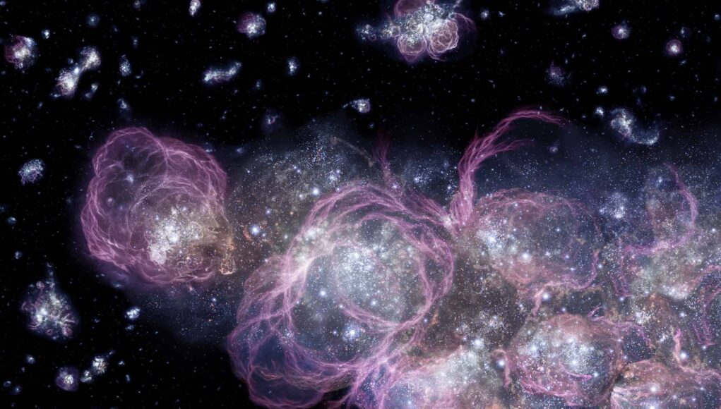 Visualizzazione artistica della prima generazione di stelle Protogalassie