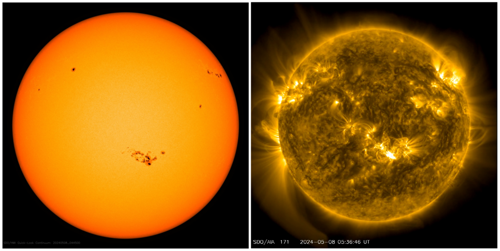 Il Sole visto dal telescopio spaziale SDO l’8 maggio scorso con due filtri differenti.
Nell’immagine a sinistra si nota, al centro del Sole, il grande gruppo di
macchie della regione attiva 3664, a destra un potente brillamento sprigionatosi
da quella stessa zona.