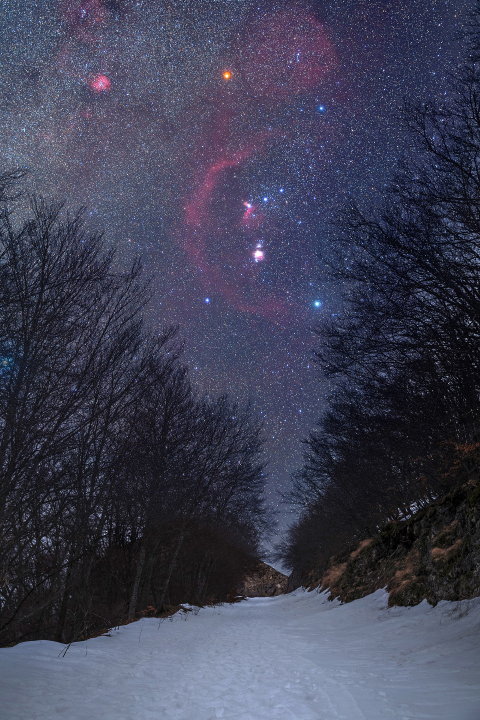 Figura 09: in inverno la Via Lattea visibile non è molto appariscente, la zona più caratteristica del cielo è sicuramente la costellazione di Orione. In questo caso la composizione è stata studiata per accompagnare l’occhio proprio verso le spettacolari nebulosità di questa regione del cielo