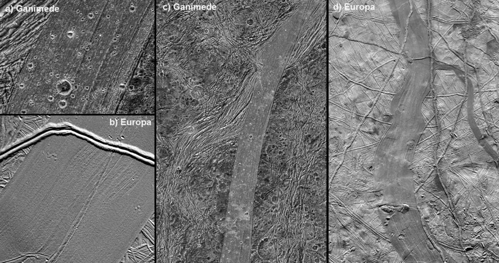 Figura 5.. Superfici di Ganimede ed Europa a confronto: a-c) lineamenti tettonici su Ganimede denominati “sulci”, ormai inattivi e intensamente craterizzati; b-d) lineamenti tettonici su Europa, dalla morfologia freschissima e raramente craterizzata. Le fessure visibili funzionano probabilmente canali di risalita di fluidi dal sottosuolo ghiacciato. Crediti: NASA/JPL/Brown University.