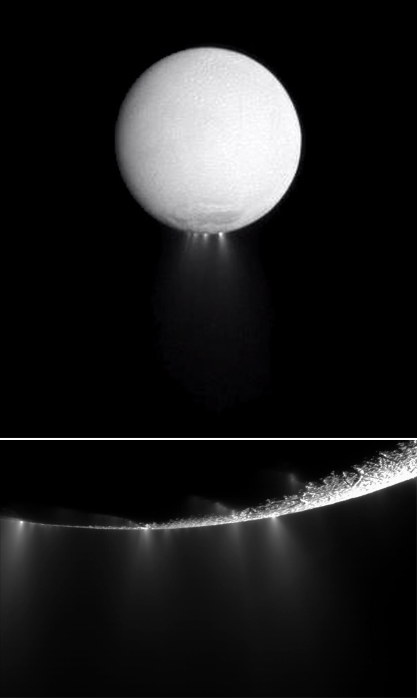 Figura 6.Geyser di vapor acqueo e ghiaccio concentrati nella regione sud di Encelado, fotografati durante la loro attività dalla sonda Cassini nel 2005 (vista rravicinata in basso). Crediti: NASA / JPL / Space Science Institute.