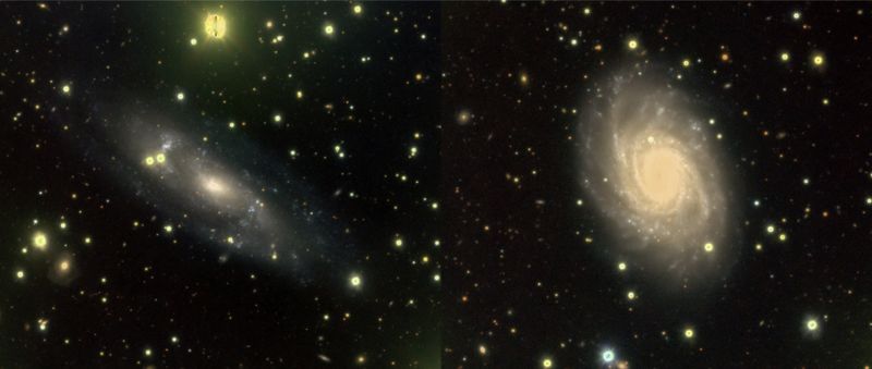 Figura 3. Grazie al grande campo di vista del VST, nei campi osservati da VST-SMASH si possono osservare anche altre galassie più distanti. Nel campo di 2 gradi quadrati (2 puntamenti del VST) osservato attorno a NGC 3109 si trovano a) ESO 499-37 (sinistra), una galassia a spirale inclinata situata a 45 milioni di anni luce, e b) IC 2537 (destra), a circa 115-150 milioni di anni luce, una galassia a spirale inclinata parte del gruppo di galassie di NGC 3054. Credit: C. Tortora/VST-SMASH.