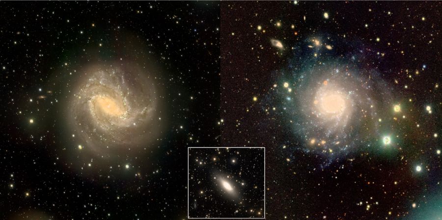 Figura 2. Immagini a tre colori di NGC 5236 (sinistra), IC 5332 (destra) e NGC 5253 (riquadro con bordo bianco). Credit: C. Tortora/VST-SMASH.