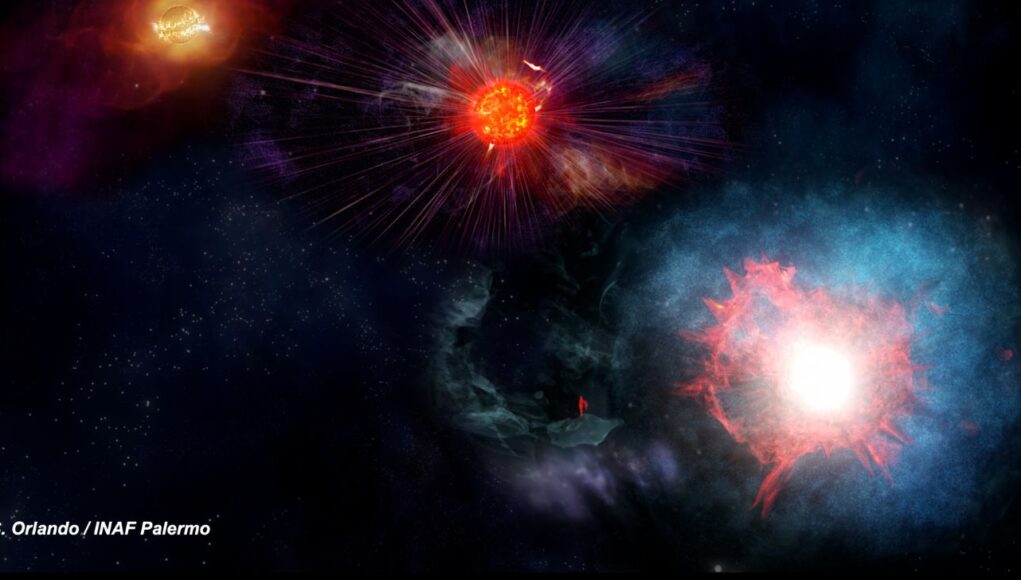 sn copertina Rappresentazione artistica delle fasi che portano all’esplosione di una supernova