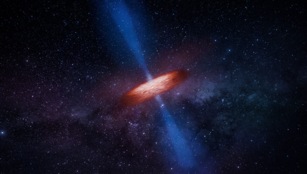 B. The jets and hidden centre of galaxy NGC 1052 (artist’s impression)