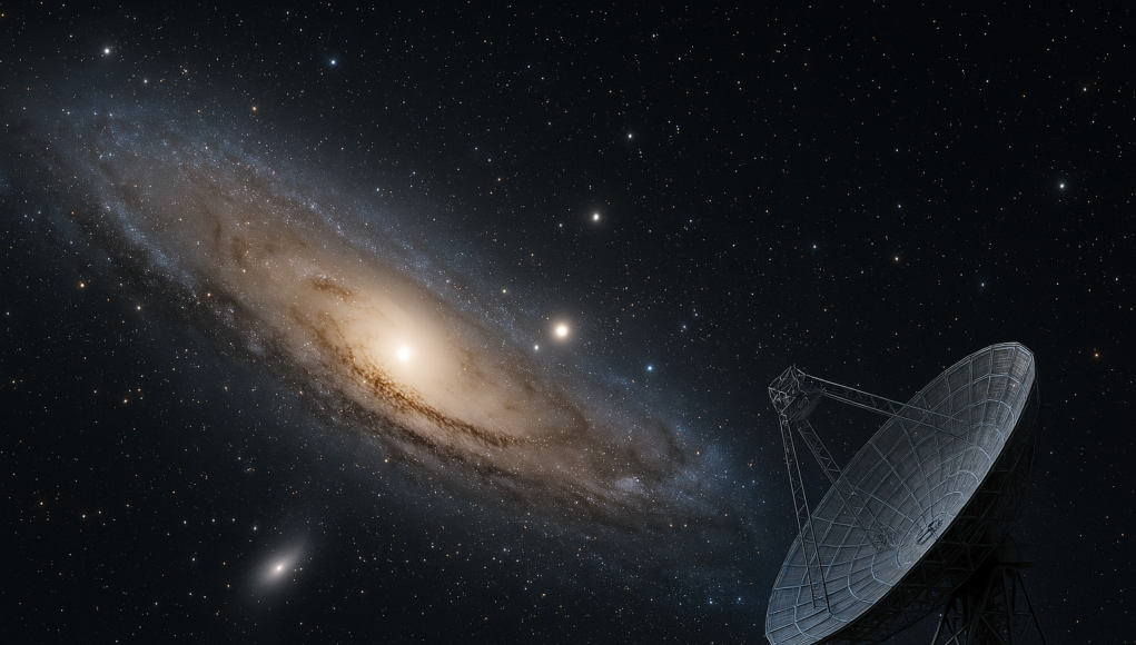 Immagine artistica AI di M31 e un radiotelescopio