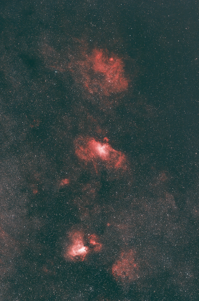 Largo campo sulle nebulose Omega, Aquila, e SH2-54.